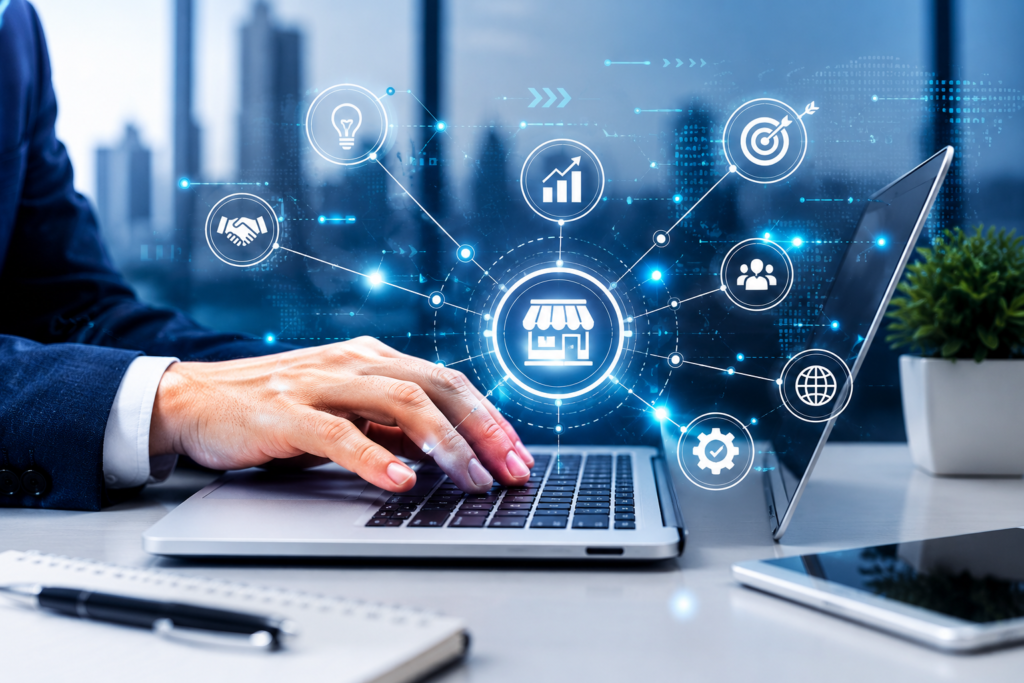 Futuristic tech workspace and connectivity